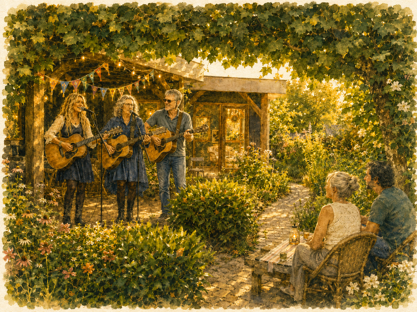 Aquarel van een tuinconcert onder een overkapping met vlaggetjes en lichtjes: drie muzikanten spelen gitaar, bezoekers luisteren vanaf een bankje verderop in de tuin.