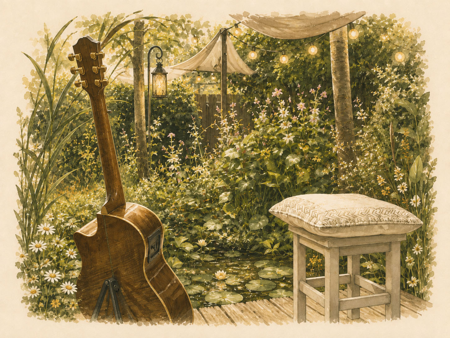 Aquarel van een tuinhoekje in de avond: een gitaar tegen een kruk, een lantaarn en lichtjes tussen het groen.