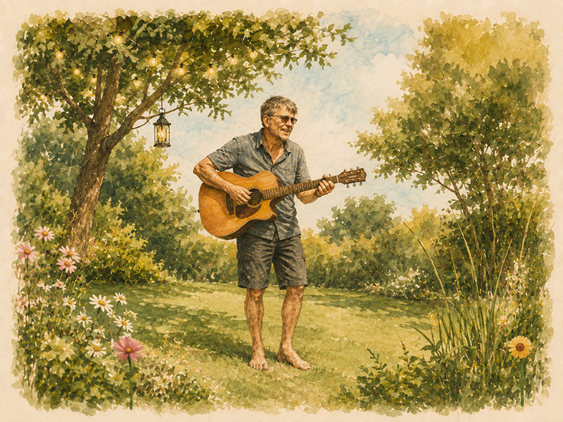 Aquarel van een muzikant met akoestische gitaar in een bloementuin, met een lantaarn en lichtjes in de boom.