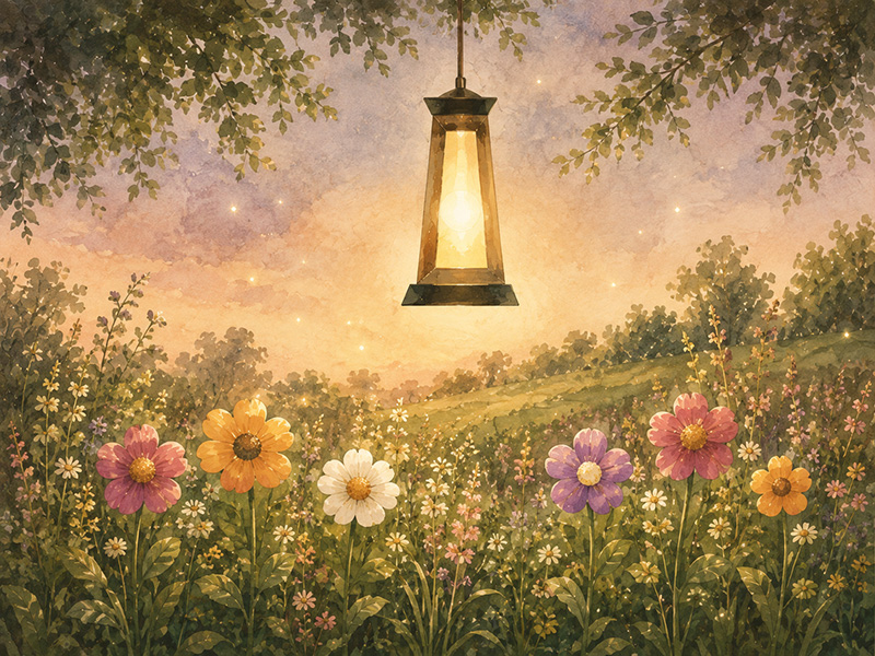 Aquarel van een lantaarn boven een kleurrijk bloemenveld in de schemering.